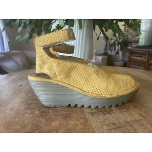Fly London Yala Perforated Leather Wedge Sandals Mustard Yellow Size 39